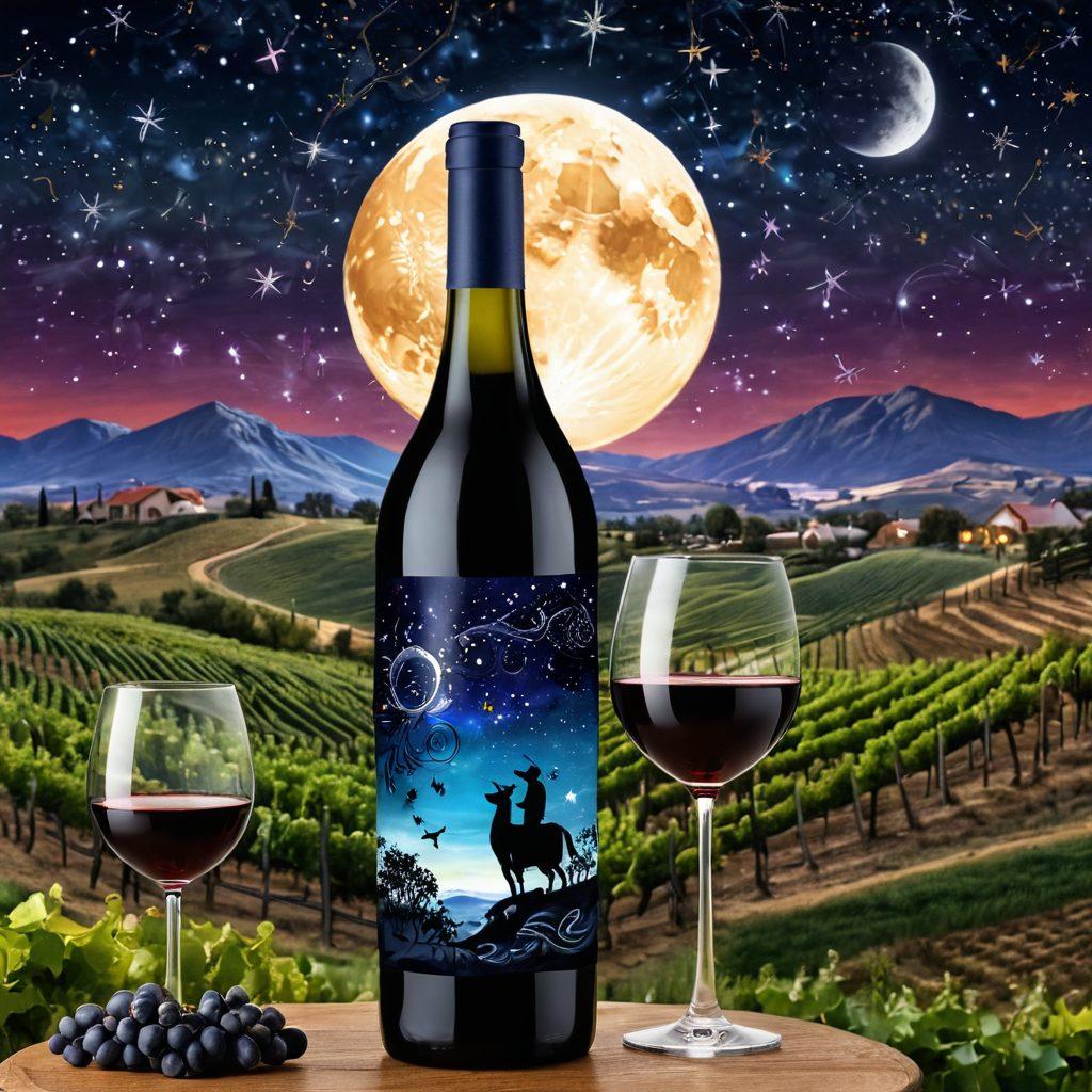 A whimsical vineyard under a night sky filled with constellations designating zodiac signs, each with a themed wine bottle reflecting the essence of that sign. Include playful elements like grapes shaped as astrological symbols and a starry wine glass with swirling constellations. The background features rolling hills and a glowing moon illuminating the scene. vibrant colors. super-realistic.