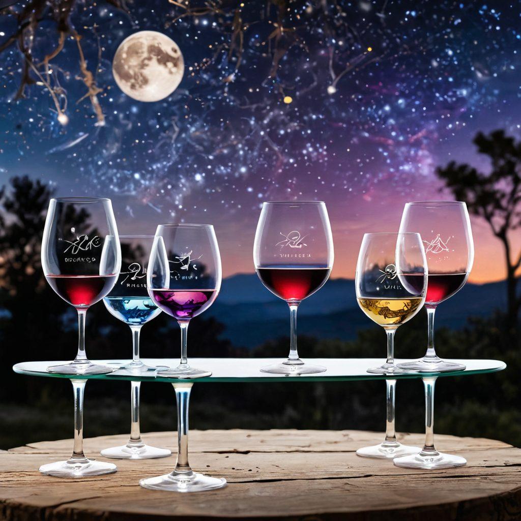 A beautifully set outdoor table with an array of wine glasses, each filled with different colors of wine, surrounded by stars and zodiac signs in the night sky. Include ethereal, soft glowing light to create a magical atmosphere, with constellations subtly blending into the background. The scene evokes joy and celebration, inviting viewers to explore celestial connections with their wine choices. super-realistic. vibrant colors. enchanting ambiance.