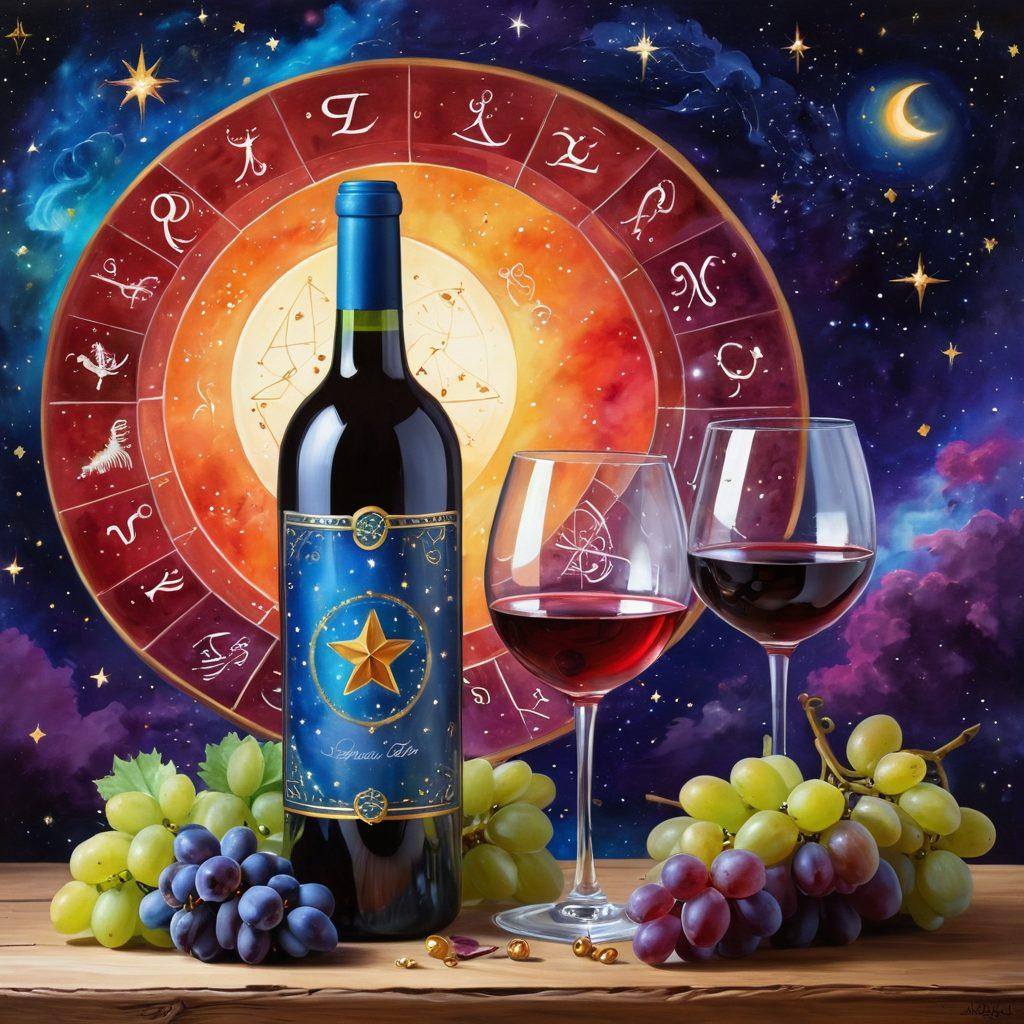 A whimsical scene showcasing an elegant wine bottle and glass adorned with zodiac symbols, surrounded by cosmic elements like stars and planets. Include vibrant grapes spilling from a celestial backdrop, casting a joyful ambiance. The setting should feel inviting and playful, with a subtle astrological chart in the background. painting. vibrant colors. dreamy atmosphere.